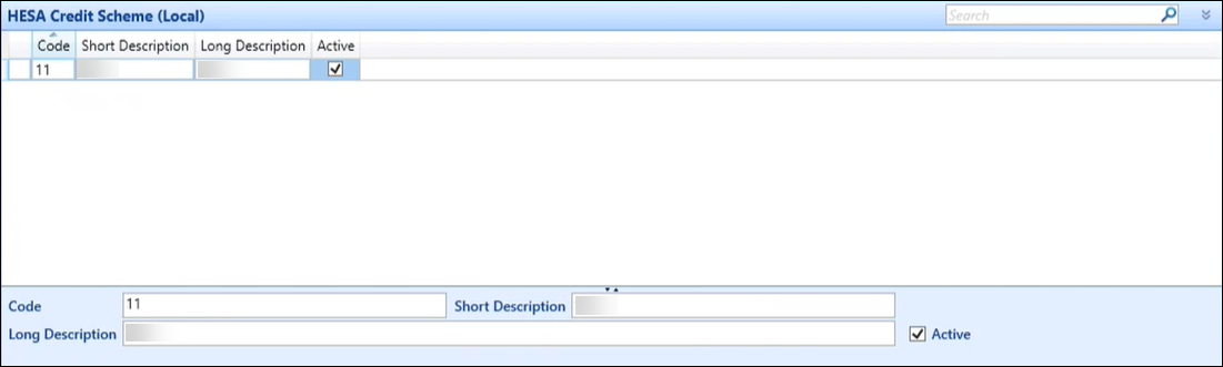 HESA Credit Scheme (Local) reference data screen