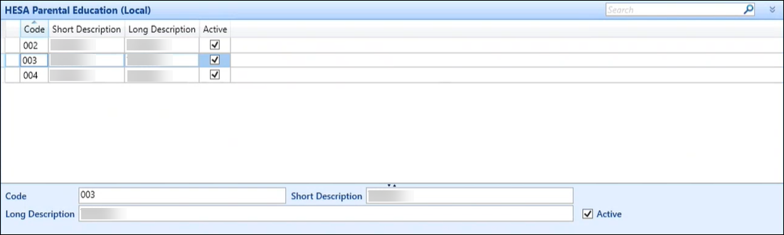 HESA Parental Education (Local) reference data screen