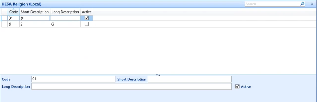  HESA Religion (Local) reference data screen