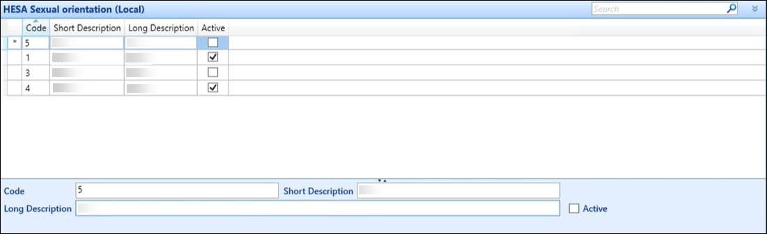 HESA Sexual orientation (Local) reference data screen