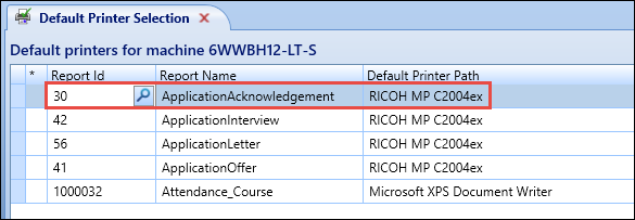 Default Printer Selection screen - row selected