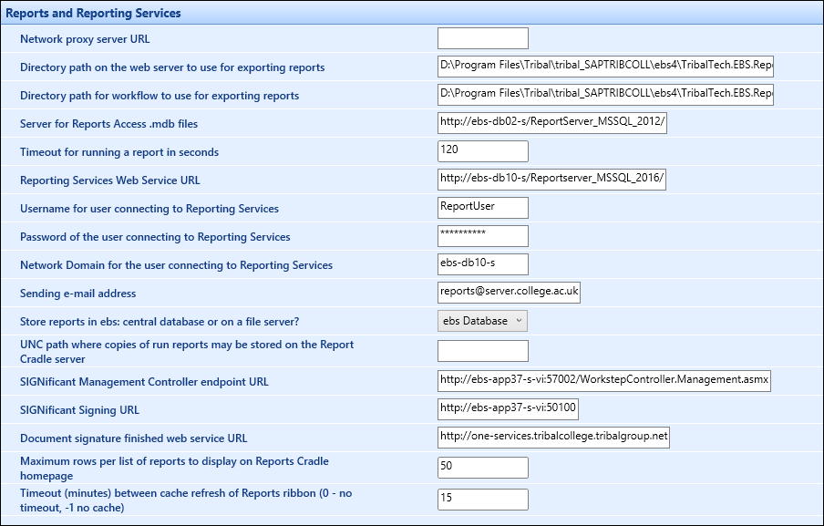 Reports and Reporting Services institution settings screen