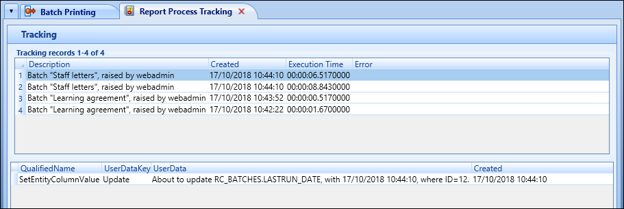 Report Process Tracking screen