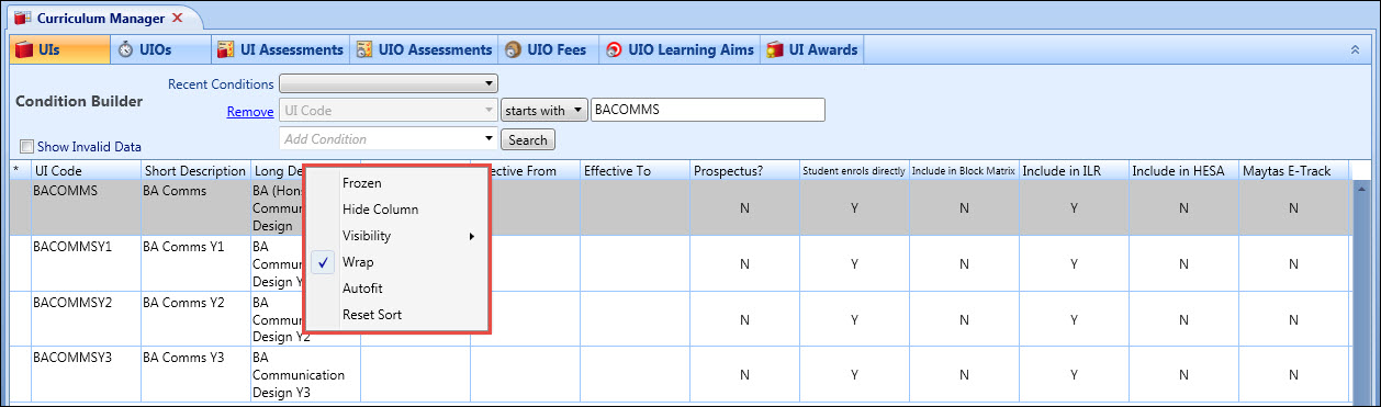 Columns shortcuts