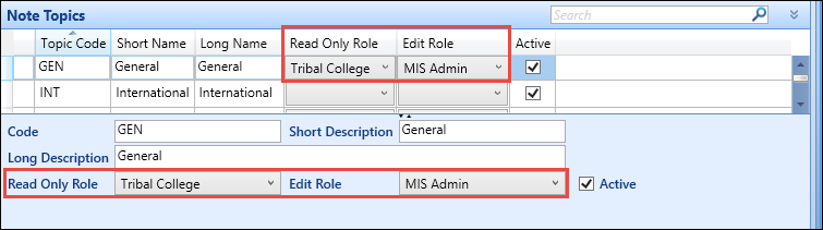 Note Topics reference data - Read Only Role and Edit Role fields look up roles