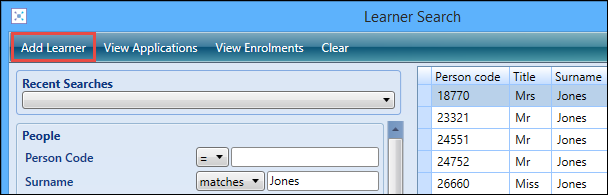 Learner Search window - Add Learner button