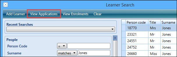 Learner Search window - View Applications button