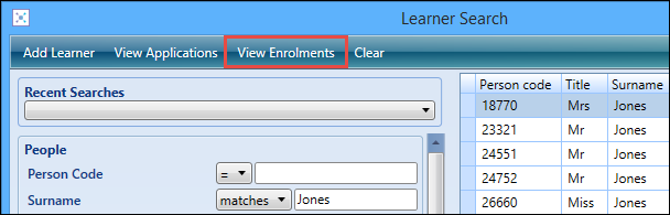 Learner Search window - View Enrolments button