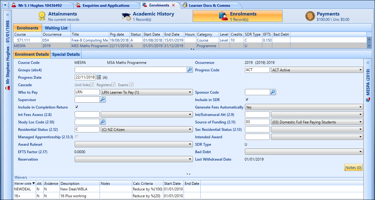 Enrolment Details screen