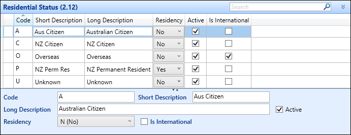 Residential Status (2.12) reference data