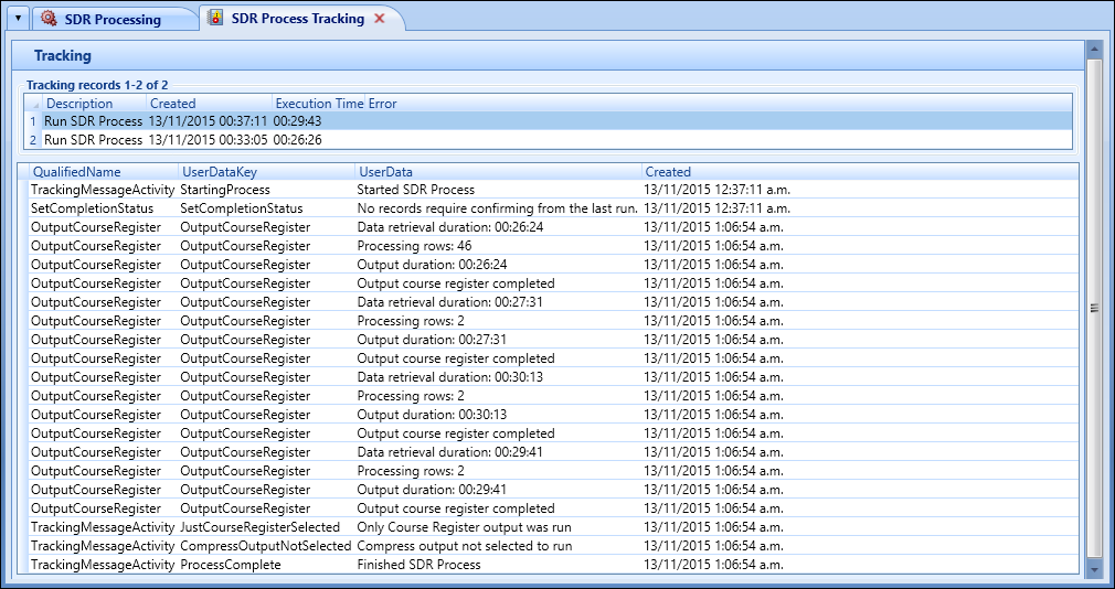 SDR Process Tracking screen