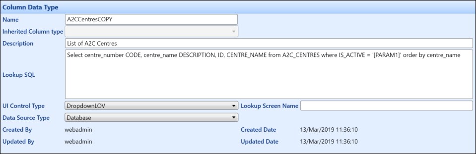 Column Data Type panel