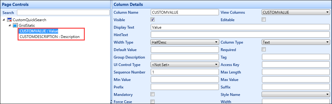 Columns added to the GridStatic control