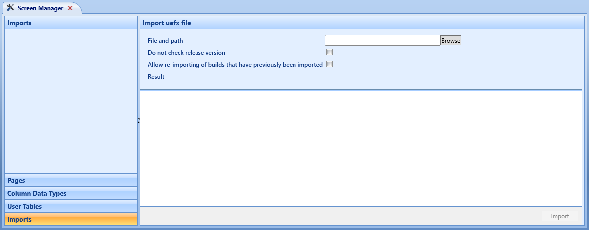 Import uafx file screen