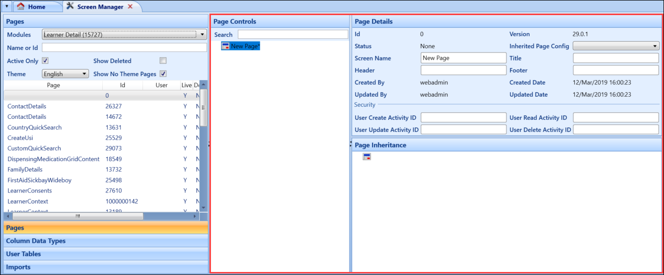 Page Controls, Page Details and Page Inheritance panels