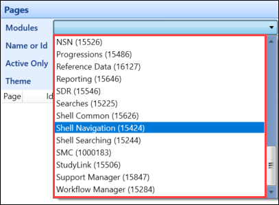 Modules drop-down list