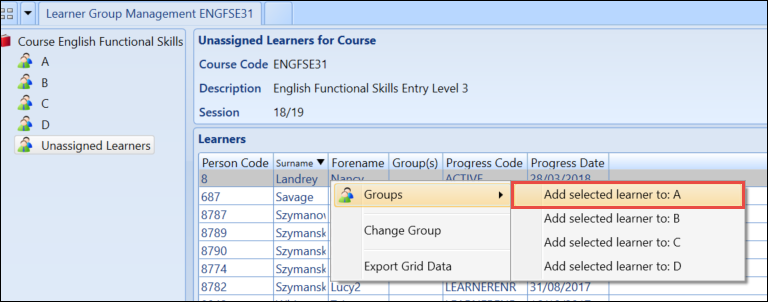 Add selected learner to