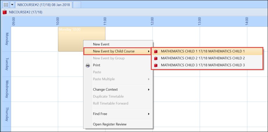 New Event by Child Course option