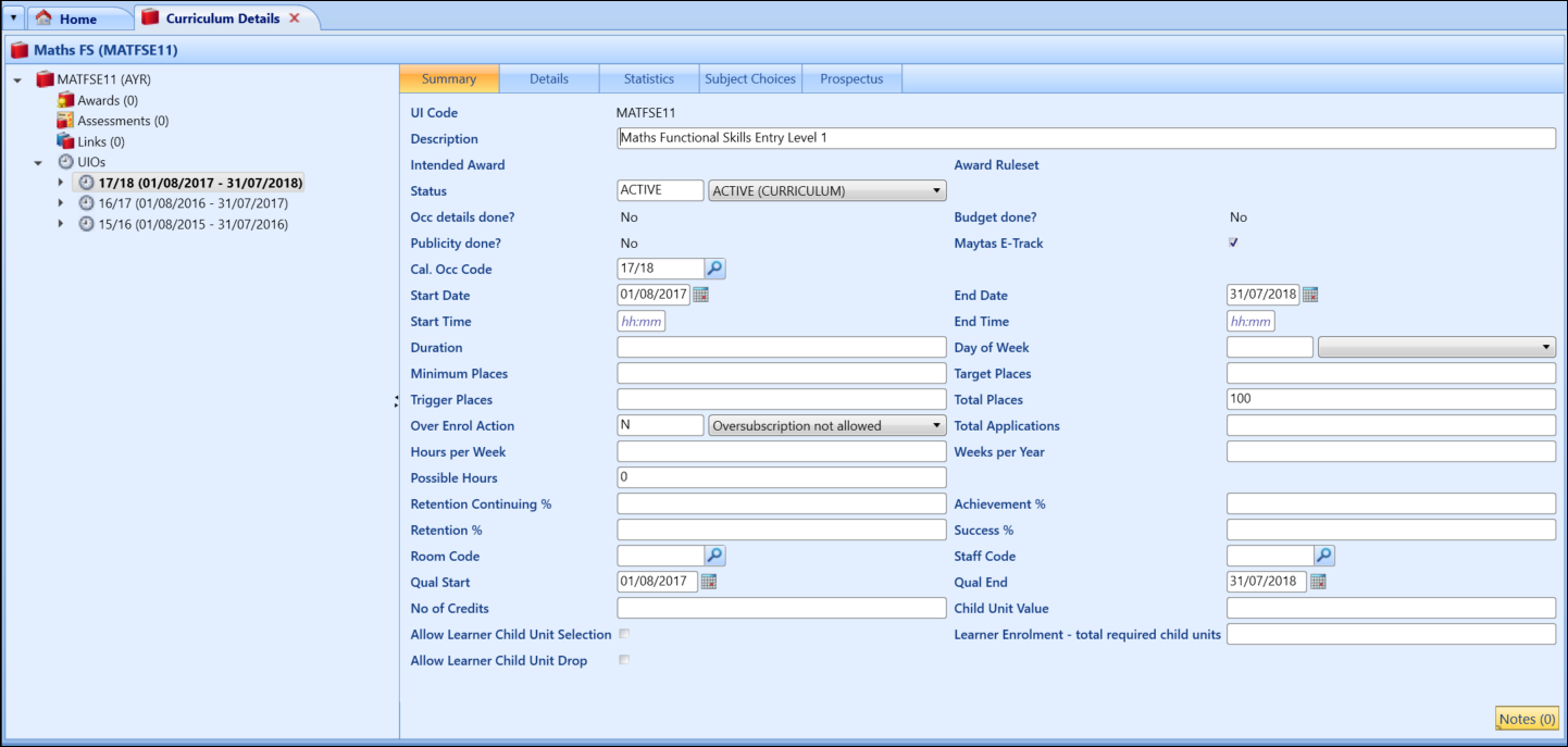 Curriculum Details screen