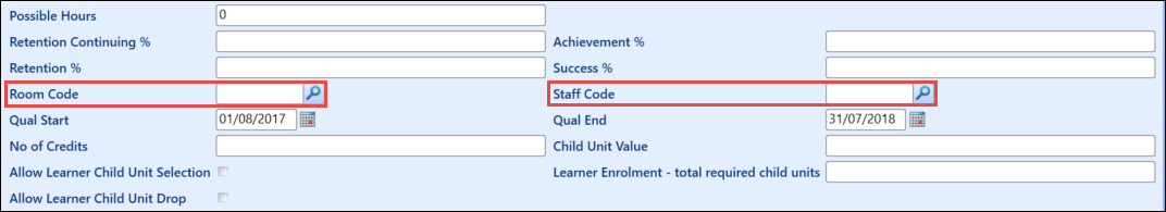 Room Code and Staff Code fields