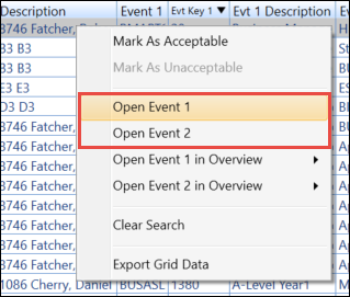 Open Event 1 and Open Event 2 options