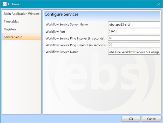 Options - Service Setup window