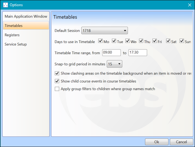 Options - Timetables window