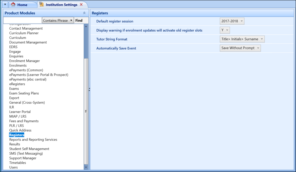 Registers Institution Settings