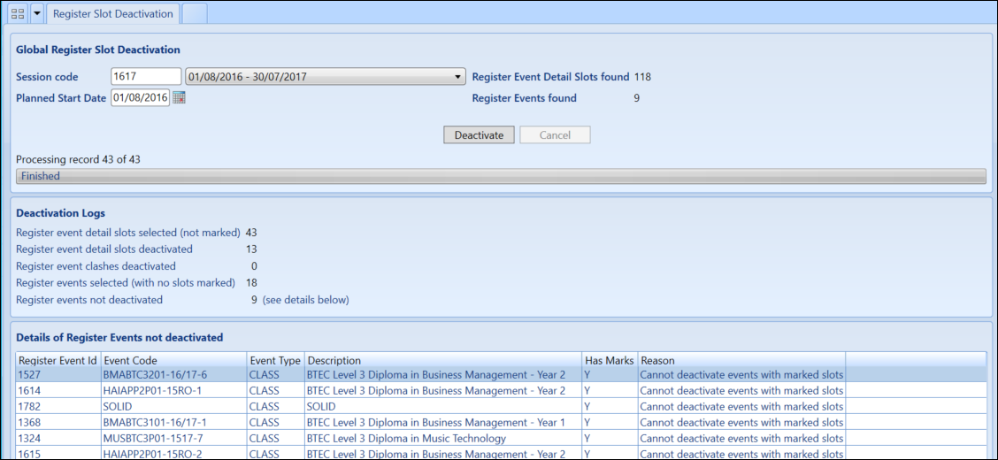 Deactivation Logs and Details of Register Events not deactivated