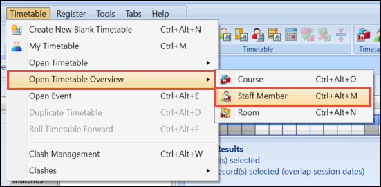 Open Timetable Overview - Staff Member option