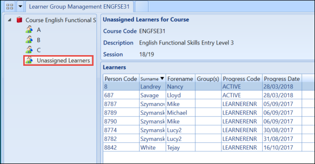 Unassigned Learners tab