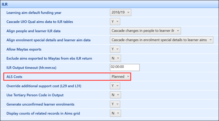 ALS Cost institution setting