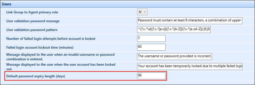 Default password expiry length (days) institution setting