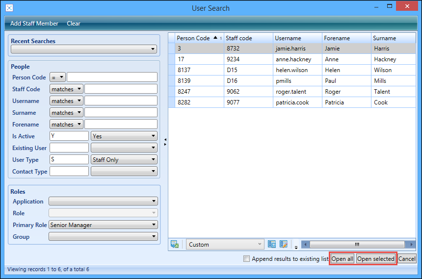 User Search window - Open All and Open Selected buttons