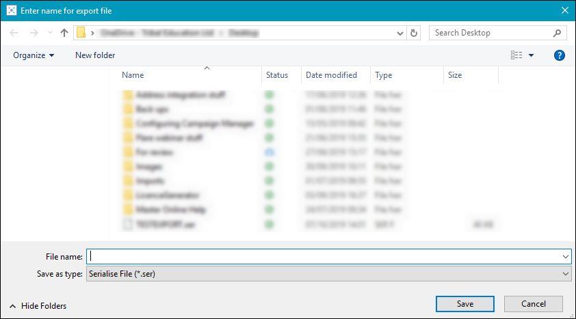 Export wizard file window