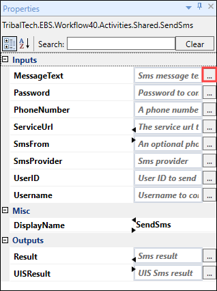 SendSms Activity properties