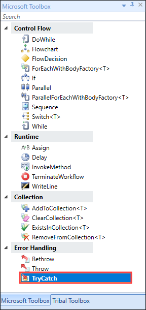 Microsoft toolbox TryCatch activity