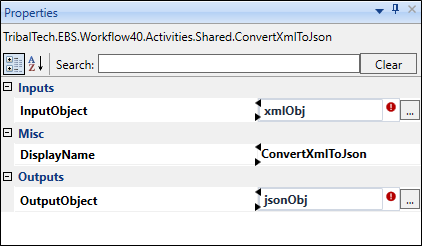 ConvertXmlToJson activity properties