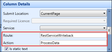 Column Details pane - Route and Action fields