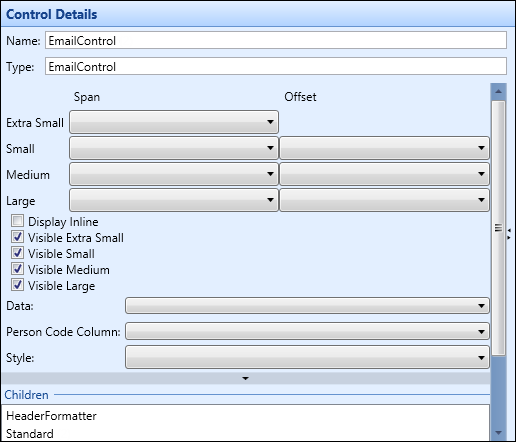 Control Details section - email control