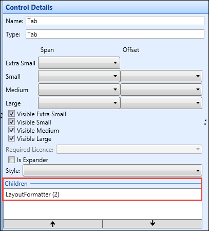 Layout formatter control in the Children section