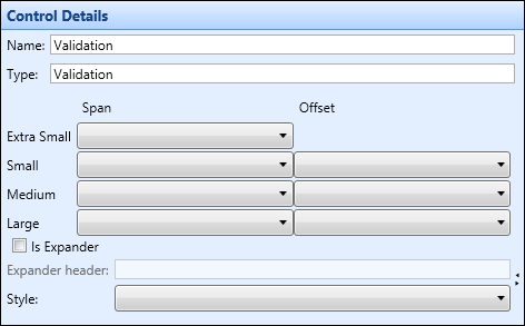 Control Details section - validation control