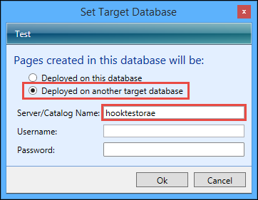 Set Target Database window - Deployed on another target database option