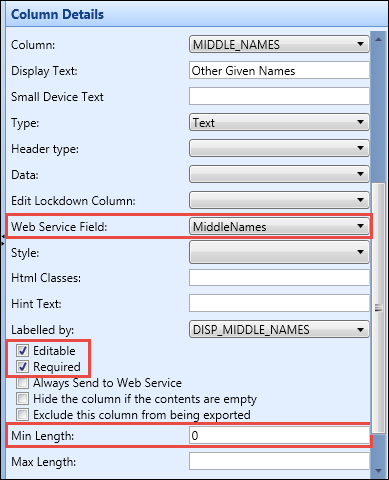 Column Details section - write-back fields