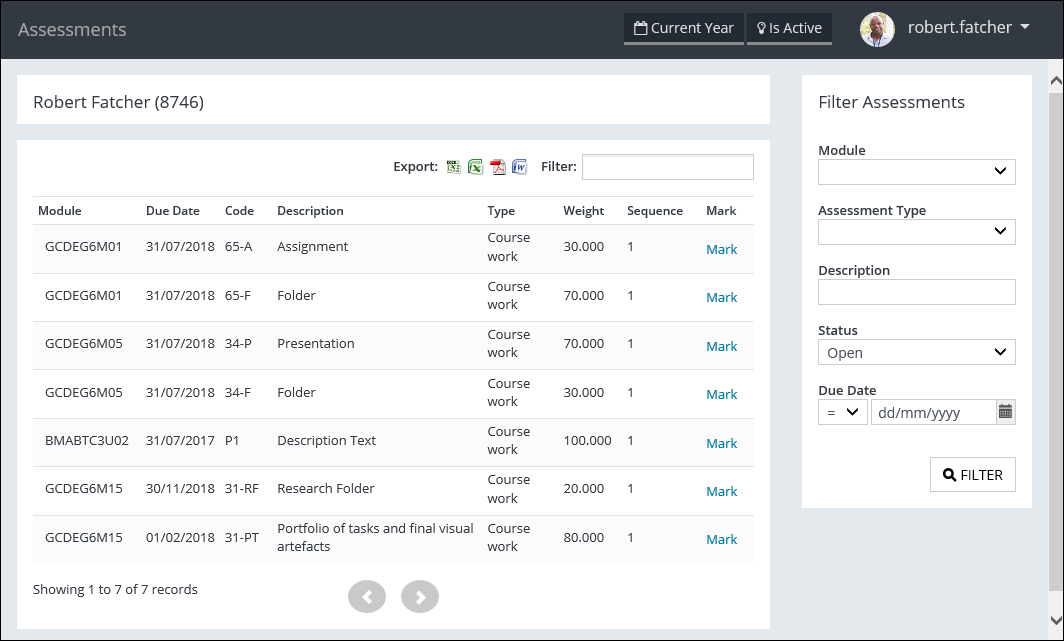 Assessments page