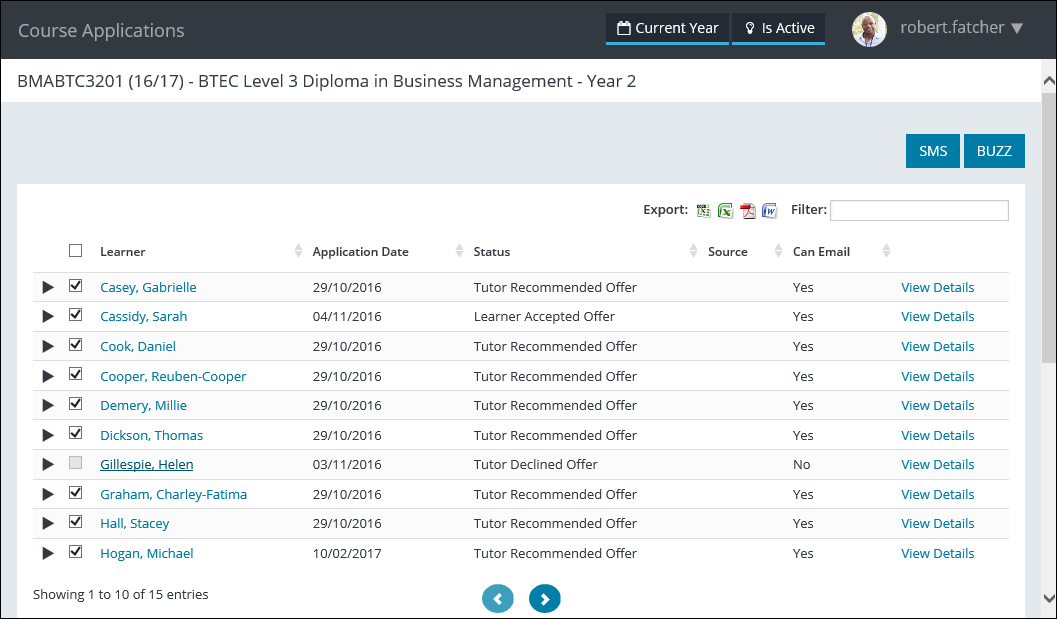 Course Applications page