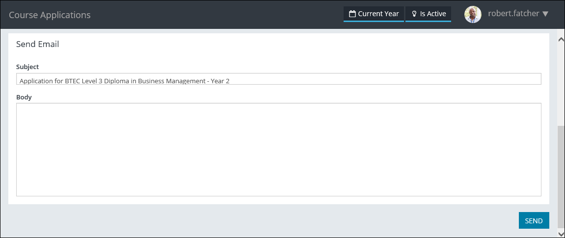 Course Applications page - Send Email section