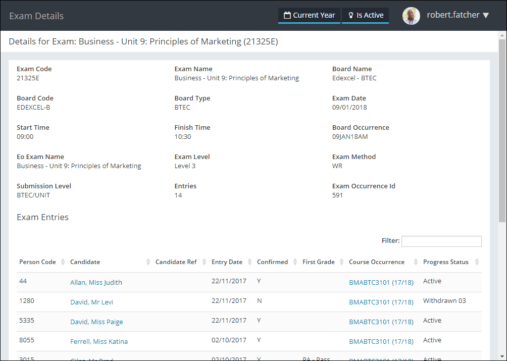 Exam Details page