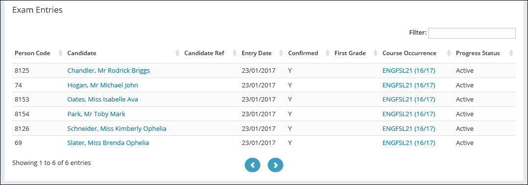 Exam Entries section