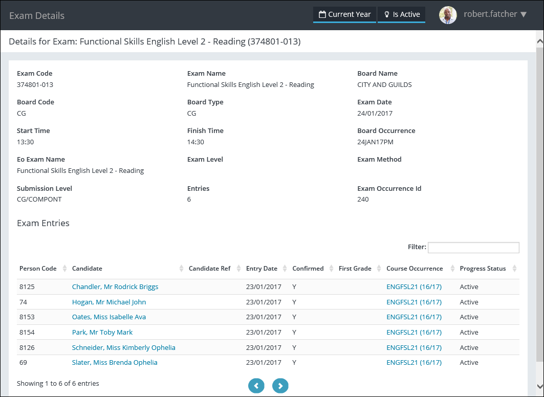 Exam Details page